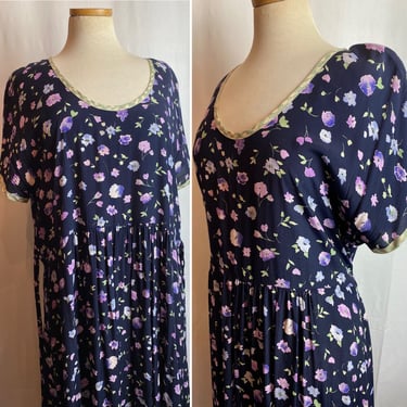 90’s rayon floral print dress oversized cinch waist long babydoll style vintage inspired cottage core navy blue purple floral size Large 