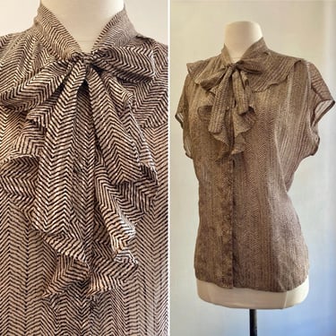 Vintage 70s Silk Blouse / Sheer HERRINGBONE Print / PUSSY Bow  + RUFFLES + Cap Sleeve / Covered Buttons / Naturally Yours - Made in Hawaii 