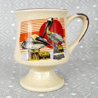 80s Florida Pedestal Mug - Tourist Souvenir - Pelicans, Orange Horizon, Red Sun - Vintage 1980s Coffee Cup 