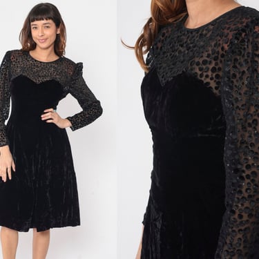Velvet Party Dress 80s Sparkly Black Illusion Neckline Dress Vintage Prom 1980s Cocktail Fit and Flare Sheer Formal Long Sleeve Small 6 