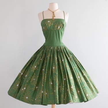 Fabulous 1950's Autumn Green & Gold Cotton Party Dress By Liberty House / XS