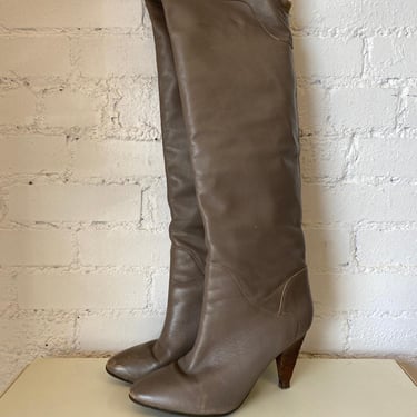 vintage 1980s gray leather knee high boots size 7 1/2 80s fashion high heel 