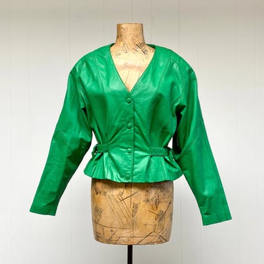 Vintage 1980s 1990s Green Leather Jacket, 80s New Wave Cropped Bomber Style w/Batwing Sleeves, Medium 40 Inch Bust 