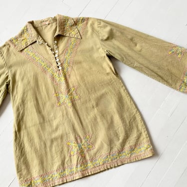 1970s Embroidered Sage Muslin Tunic 