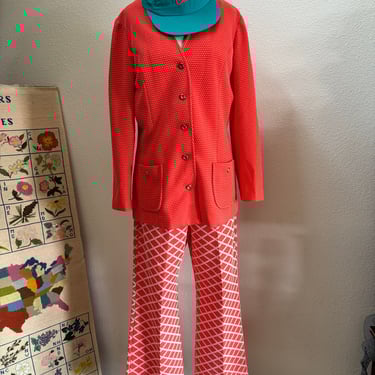 Vintage 70s Bold Polka Dot Tomato Red White Mod Matching Set with Blazer, Skirt, & Flared Pants; 70s Coordinating Set; 60s Retro Pantsuit L 