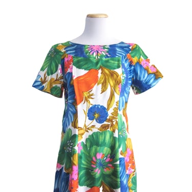 Vintage Hawaiian Dress, Full Length Tropical Print Dress with Waterfall Back, Bright Cotton Tiki Fabric, Aloha Style, Alice Label / Size S 