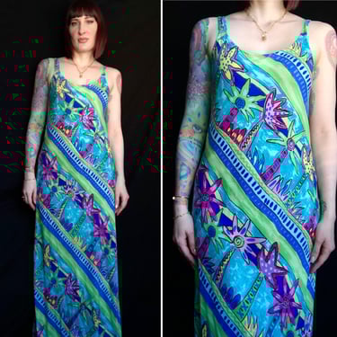 Vintage 90s Colorful Geometric Abstract Palm Tree Print Maxi Sun Dress - size Medium Large 