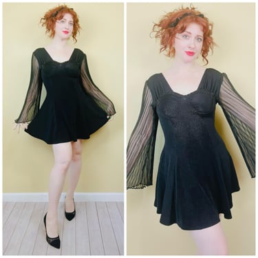 1990s Vintage Ellus Knit Sheer Angel Sleeve Dress / 90s Black Spandex Accordion Pleat Mini / Small - Medium 