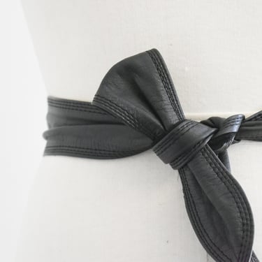 1980s Black Leather Tie Belt 