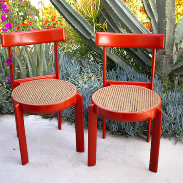 Vintage Orange and Wicker Cane Chairs, Willy Rizzo for Mario Sabot, Italian Wood and Cane Chairs, Vintage Wood Chairs 