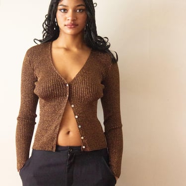 1990s Copper Lurex Ribbed Knit Cardigan 