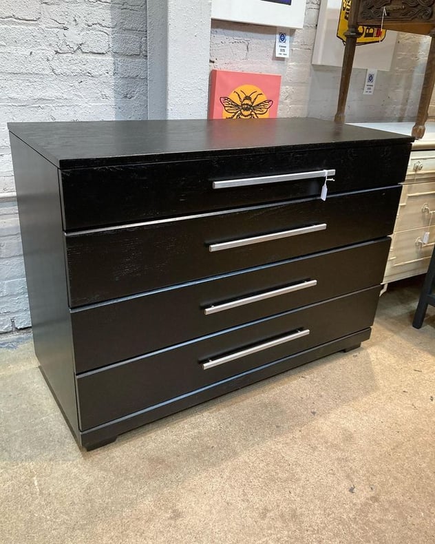 Black painted 4 drawer mid century chest 44.25” x 19.25” x 32” Call 202-232-8171 to purchase