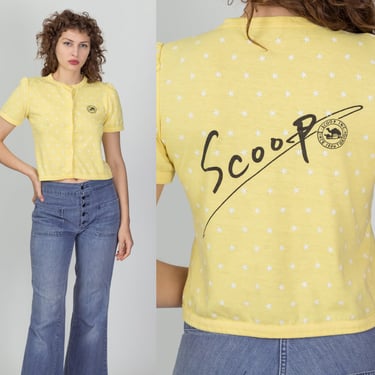 80s 90s Scoop Inc Tokyo Yellow Crop Top Tee - Small | Vintage Button Up Puff Sleeve Polka Dot Star Graphic Cropped T Shirt 