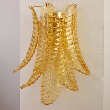 Wall sconce with amber Murano glass Made in Italy, vintage style wall lamp with decorated leaves, Italian design lamp 