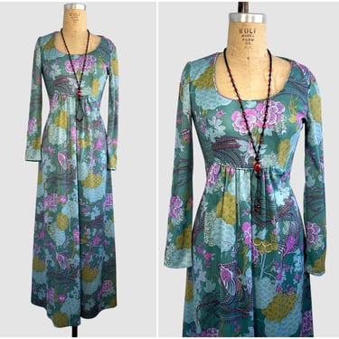 ANDREA GAYLE Vintage 70s Bird of Paradise Dress | 1970s Floral Print Double Knit Maxi | 60s 1960s Psychedelic Chic Hippie Boho | Size Medium 
