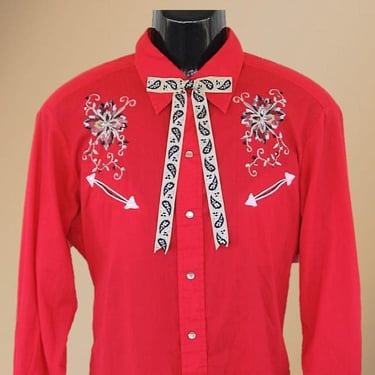 H Bar C, California Ranchwear Men's Cowboy & Rodeo Shirt, Bright Red with Floral Style Embroidery, Approx. XLarge (see meas. photo) 