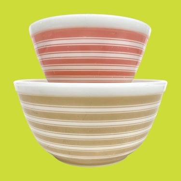 Vintage Pyrex Mixing Bowls Retro 1960s Mid Century Modern + Rainbow Stripes (Pink and Tan) 401/402 + Ceramic + Set of 2 + Kitchen + Serving 