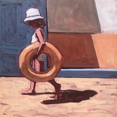 Girl with Float - Original Acrylic Painting on Canvas 14 x 14, blue, orange, swimsuit, tube, girl, fine art, hat, michael van, beach, shadow 