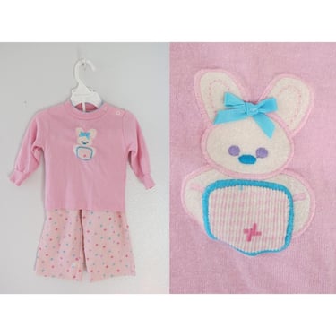 Vintage Girls Clothes - Baby Toddler Girl Two Piece Outfit Set - Pastel Pink Top & Pants with Bunny - Size 18 Months 