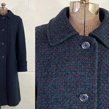 Vintage Navy Blue Tweed Winter Coat Nor'wester Peacoat Jacket Hipster Coat Boho Mod Burgundy Lining Large 1970s 