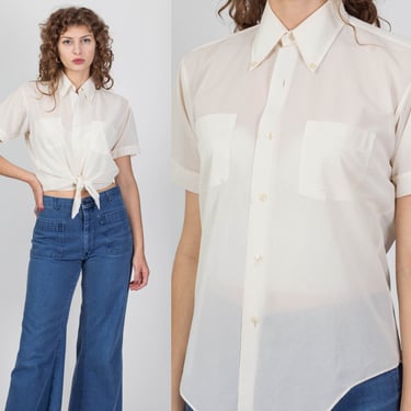 70s Sheer White Button Up Shirt - Men's Small, Women's Medium | Vintage Short Sleeve Collared Top 