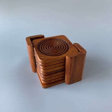 Vintage Set of 8 Teak Coasters with Holder, Made in Thailand 