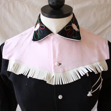 50s Kaynee Kids Flannel Cotton Western Shirt Pink Embroidered 