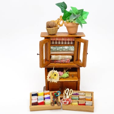 Vintage Small Wooden Doll House Sewing Cabinet with Accessories, Cloth, Thread,  Hand Made Wood Toy Furniture 