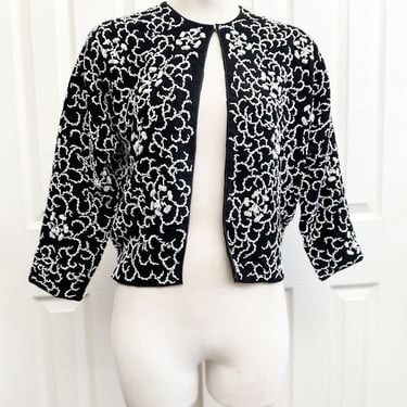 Vintage Black & White Fully Beaded Cardigan Sweater Glass Beads 1960's Mid Century Wool Jacket Cashmere 