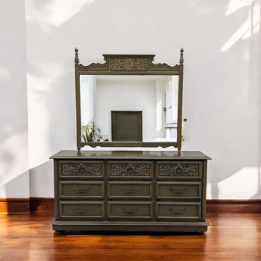 Vintage Mid Century Dresser, Spanish Revival, Carved Wood, c. 1970s, Lowboy, 9 Drawers, Olive Green, Unique, Bedroom, New Deco, Maximalist 