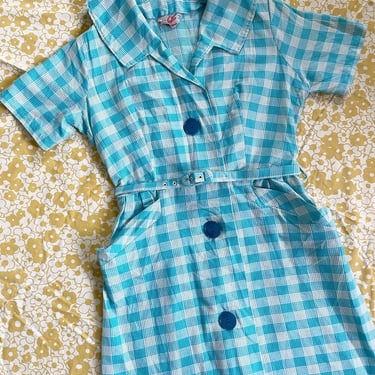 1950s baby blue and white gingham day dress, cotton 
