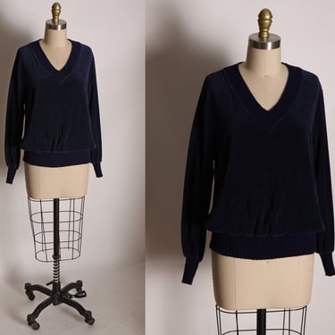 1970s Navy Blue Velour along Sleeve Pullover Sweatshirt by Sears The Fashion Place -L 