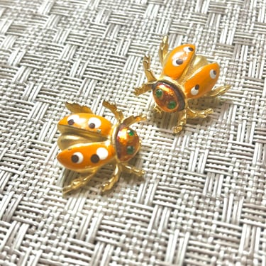 Scatter Pins Lady Bugs, Insects, Enamel Brooches, Set 2, Green Stones, Vintage 
