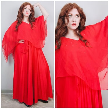 1970s Vintage Sylvia Ann Red Handkerchief Cape Maxi Dress / 70s Rhinestone Stevie Disco Gown / Size Large - XL 
