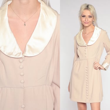 70s Mini Dress Beige Button Up Mod Dress Babydoll Satin Collar High Waisted 1970s Vintage Retro Long Sleeve I Magnin Retro Minidress Small S 