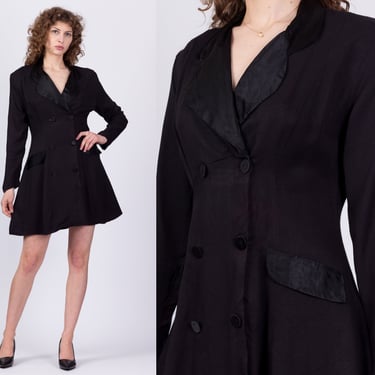 80s Black Satin Trim Mini Suit Dress - Medium | Vintage Double Breasted Military Style Long Sleeve Dress 