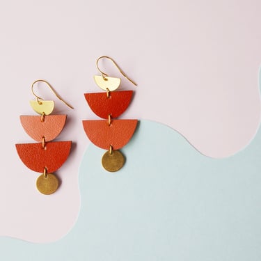 SUNRISE - Two-tone Tiered Halfmoon Leather Earrings in Terracotta Red with Brass Charms - Reclaimed Leather Earrings 