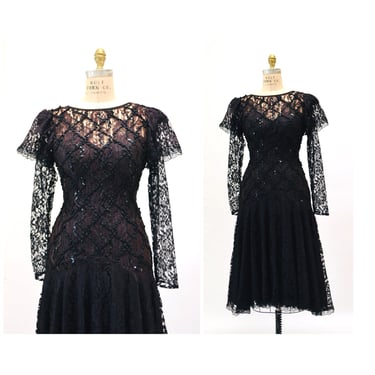 Vintage 80s Party black Dress Sequin Lace Dress Size Small Medium// 80s Glam Ruffle Lace sequin Dress Vintage Lace goth Witch Dress 