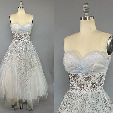 1950s Evening Dress / Ice Blue Sequined Tulle Gown / 1950s Strapless / 1950s Party Dress / 1050s Fit & Flare / Size Small 