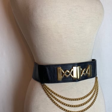 Sexy chain belt 70’s 8’s pleather punk- pop- disco cinched women’s belt Black with gold bling Rocker size 27”-30” 