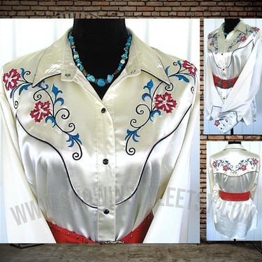 Vintage Retro Women's Cowgirl Shirt by Roper, White with Embroidered Red & Teal Blue Floral Designs, Size XXLarge (see meas. photo) 