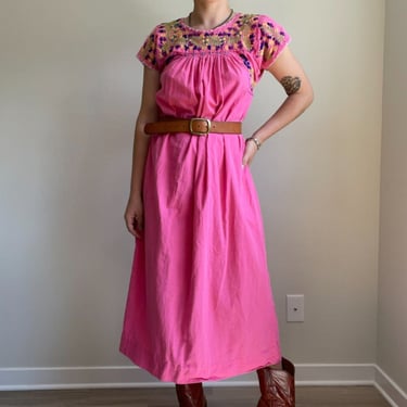 Vintage Womens Pink Cotton Mexican Floral Embroidery Hippie Boho Maxi Dress M 