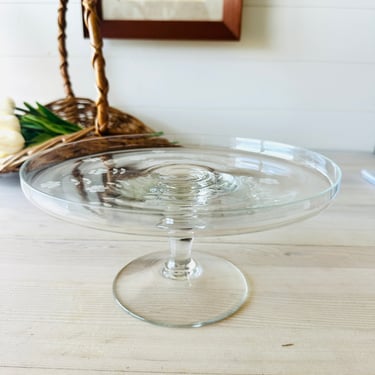 Vintage Blown Glass Clear Glass Etched Pedestal Cake Stand 9.25 Inches Diameter 