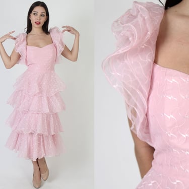 Cotton Candy Pink Layered Prom Dress, Vintage Avant Garde Open Back Gown, 70s School Dance Outfit 