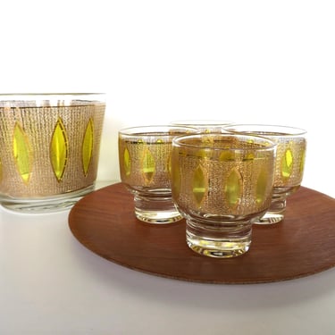 5 Piece Culver Tiffany Topaz Cocktail Set, Culver Yellow and Gold Ice Bucket and Lowball Glass Set 