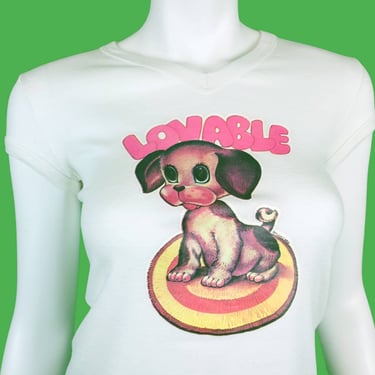 1977 cute puppy T shirt. "LOVABLE" Vintage ribbed sleeves V neck tee. Big eye art. Single stitch. White. (XS - S) 