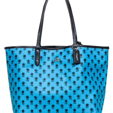 Coach - Turquoise &amp; Black Badlands Floral Print Reversible Tote Bag w/ Pouch