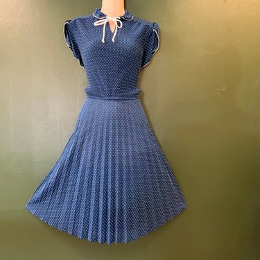 vintage blue polka dot dress 1970s dotted navy sleeveless medium 