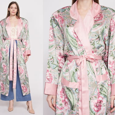 90s Victoria's Secret Floral Satin Robe - Large | Vintage Pink Green Boho Dressing Gown Loungewear Kimono 