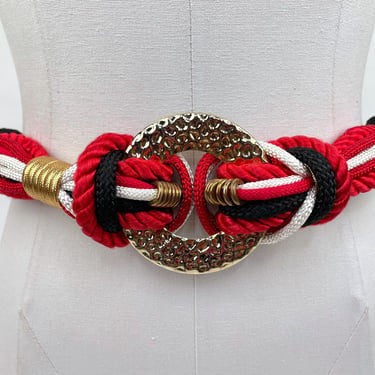 1980s Small Multi Color Rope Belt w Giant Gold Ring in Black / Red / White Boho Late 70s Style 